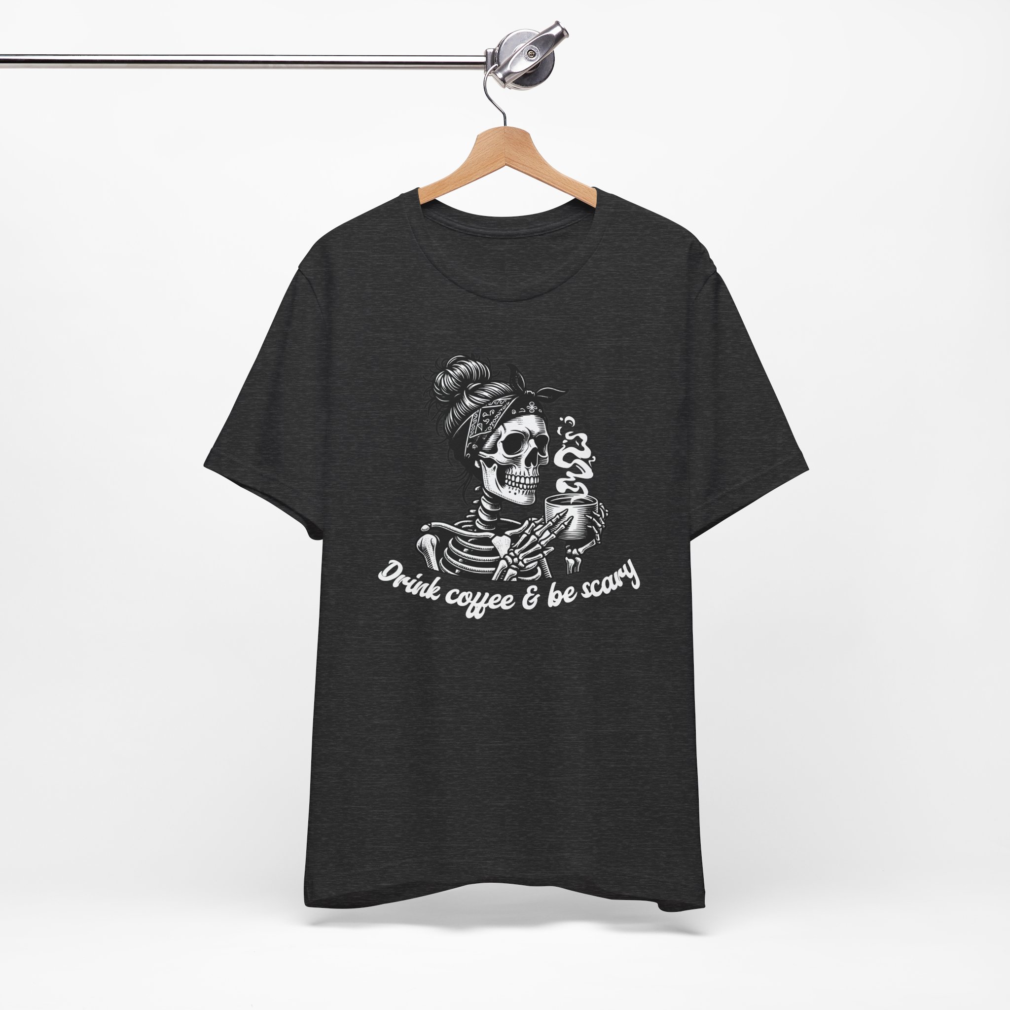 Drink Coffee And Be Scary T Shirt Skeleton Woman Coffee Graphic Tee Funny Halloween Coffee Lover Shirt Spooky Season Gift Skull Tee - Image 8