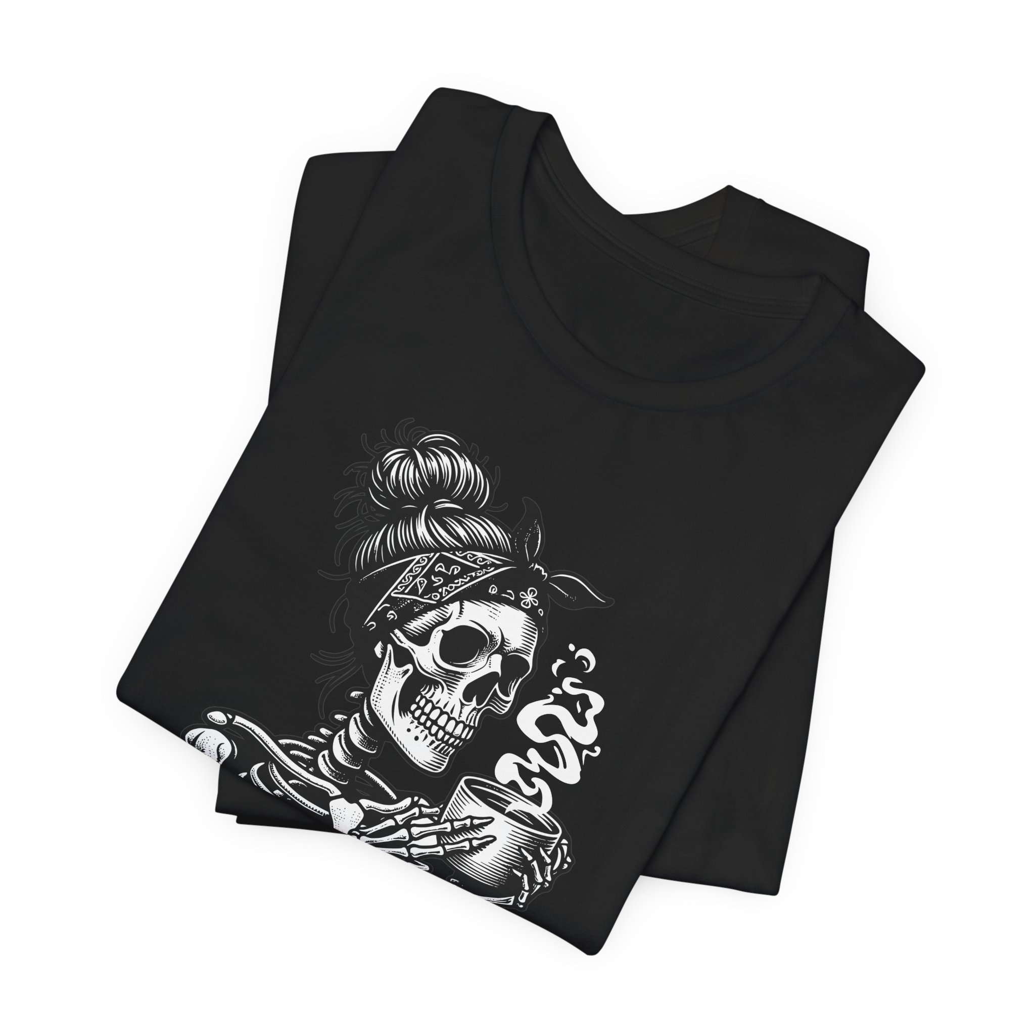 Drink Coffee And Be Scary T Shirt Skeleton Woman Coffee Graphic Tee Funny Halloween Coffee Lover Shirt Spooky Season Gift Skull Tee - Image 4