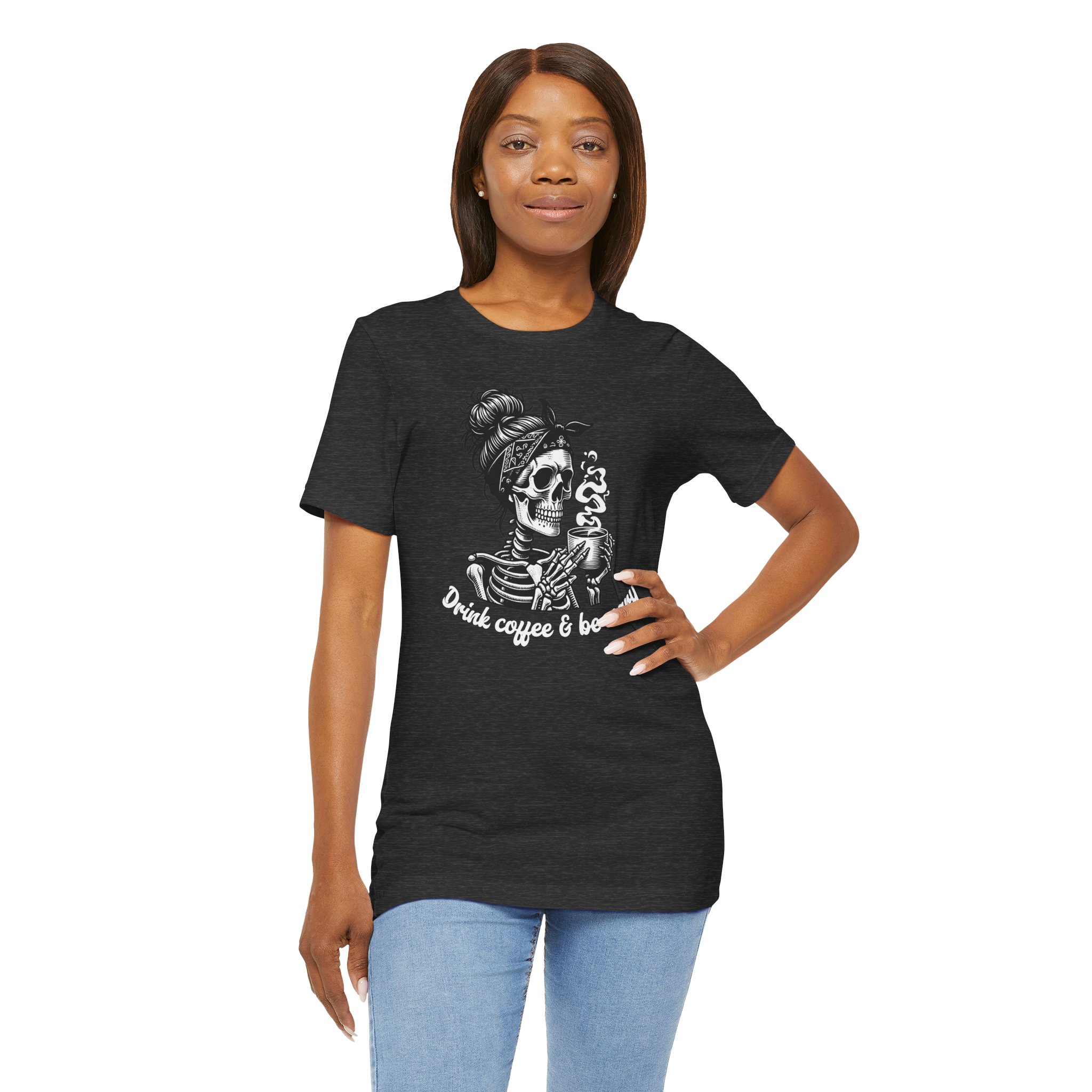 Drink Coffee And Be Scary T Shirt Skeleton Woman Coffee Graphic Tee Funny Halloween Coffee Lover Shirt Spooky Season Gift Skull Tee - Image 7