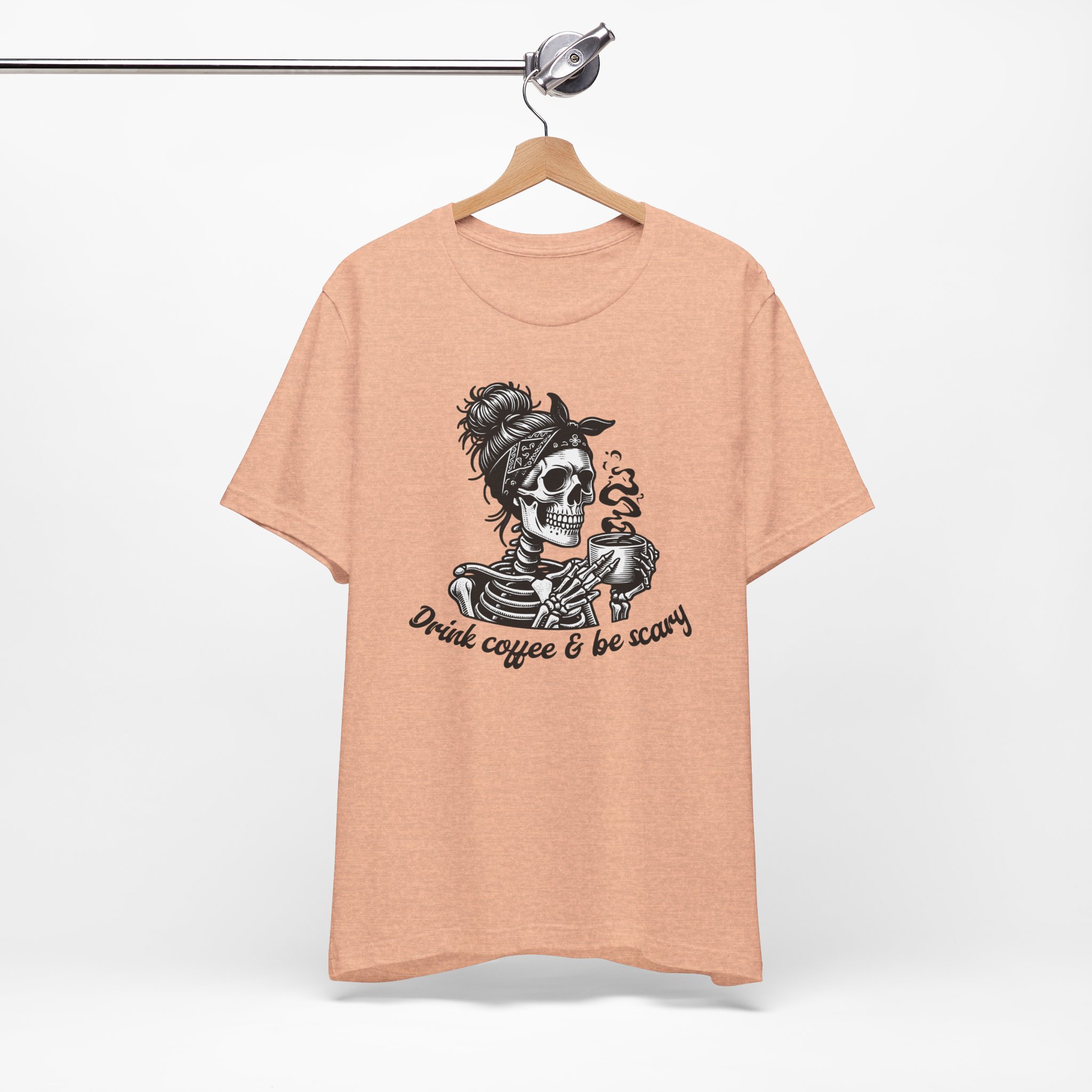 Drink Coffee And Be Scary T Shirt Skeleton Woman Coffee Graphic Tee Funny Halloween Coffee Lover Shirt Spooky Season Gift Skull Tee - Image 5