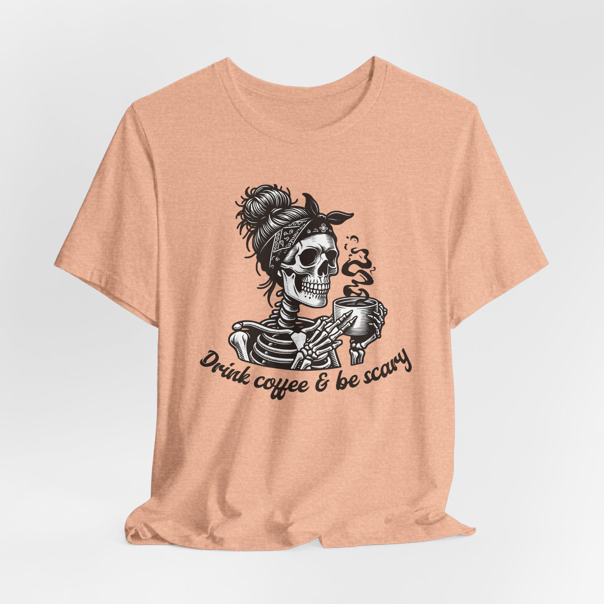 Drink Coffee And Be Scary T Shirt Skeleton Woman Coffee Graphic Tee Funny Halloween Coffee Lover Shirt Spooky Season Gift Skull Tee - Image 6