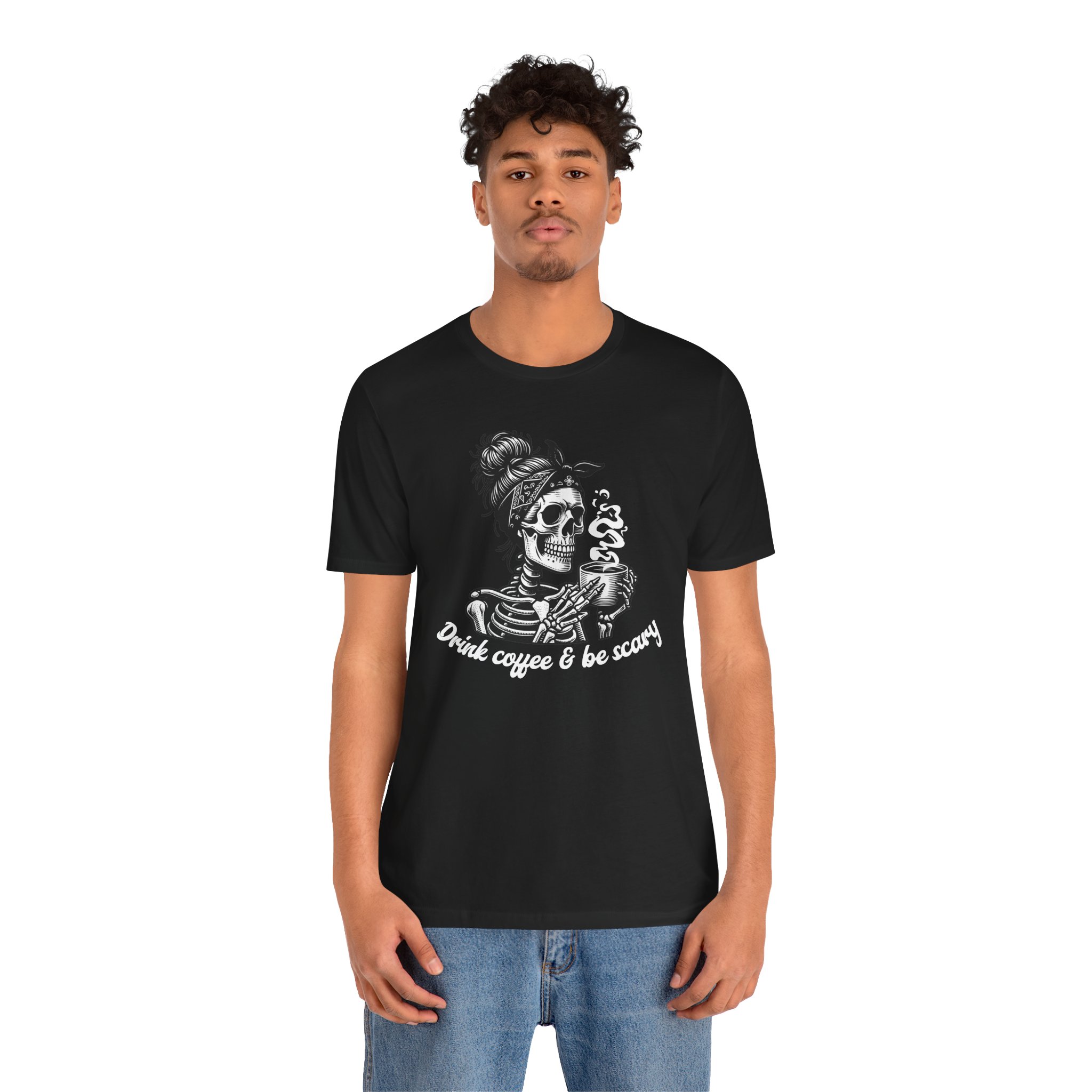 Drink Coffee And Be Scary T Shirt Skeleton Woman Coffee Graphic Tee Funny Halloween Coffee Lover Shirt Spooky Season Gift Skull Tee - Image 3