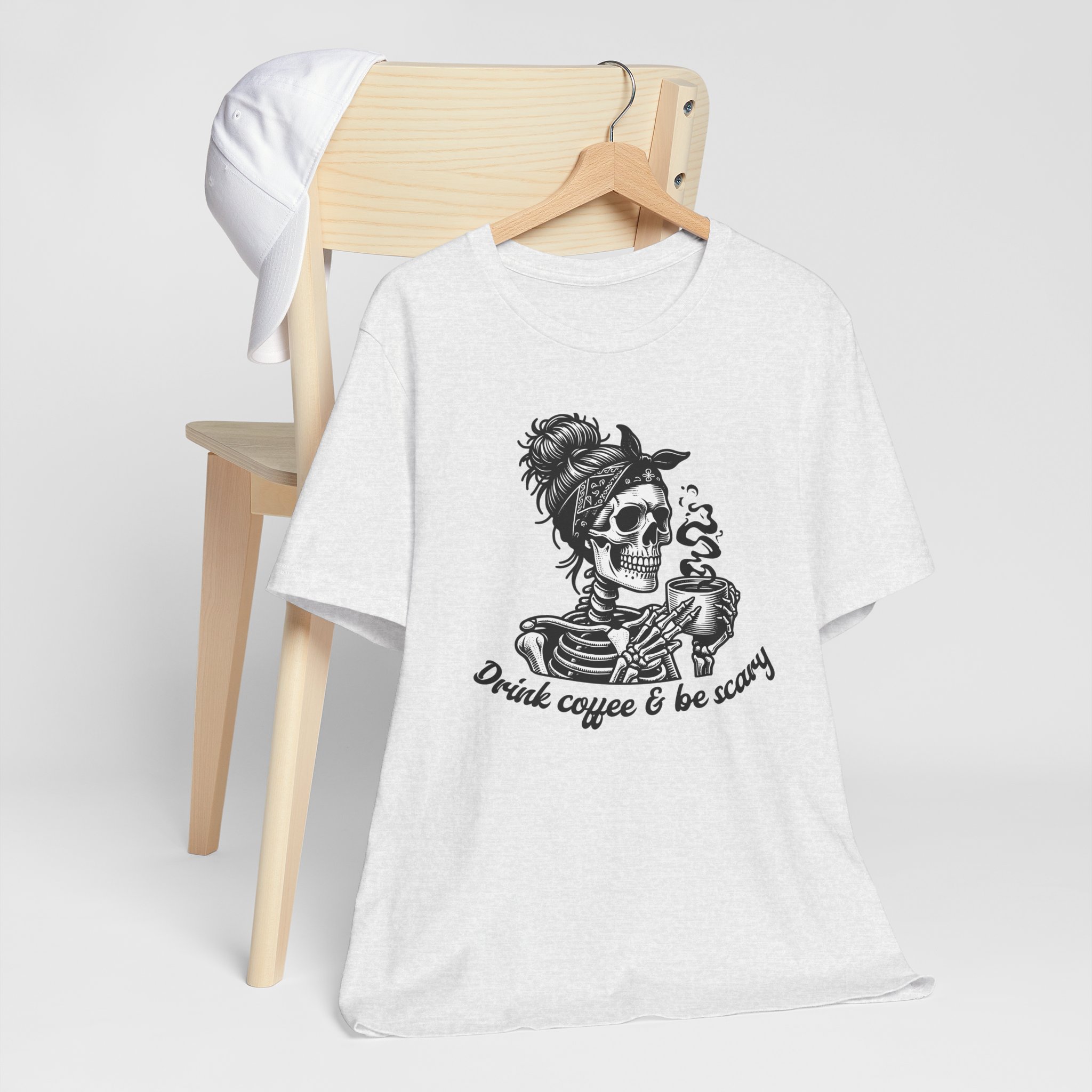 Drink Coffee And Be Scary T Shirt Skeleton Woman Coffee Graphic Tee Funny Halloween Coffee Lover Shirt Spooky Season Gift Skull Tee - Image 9