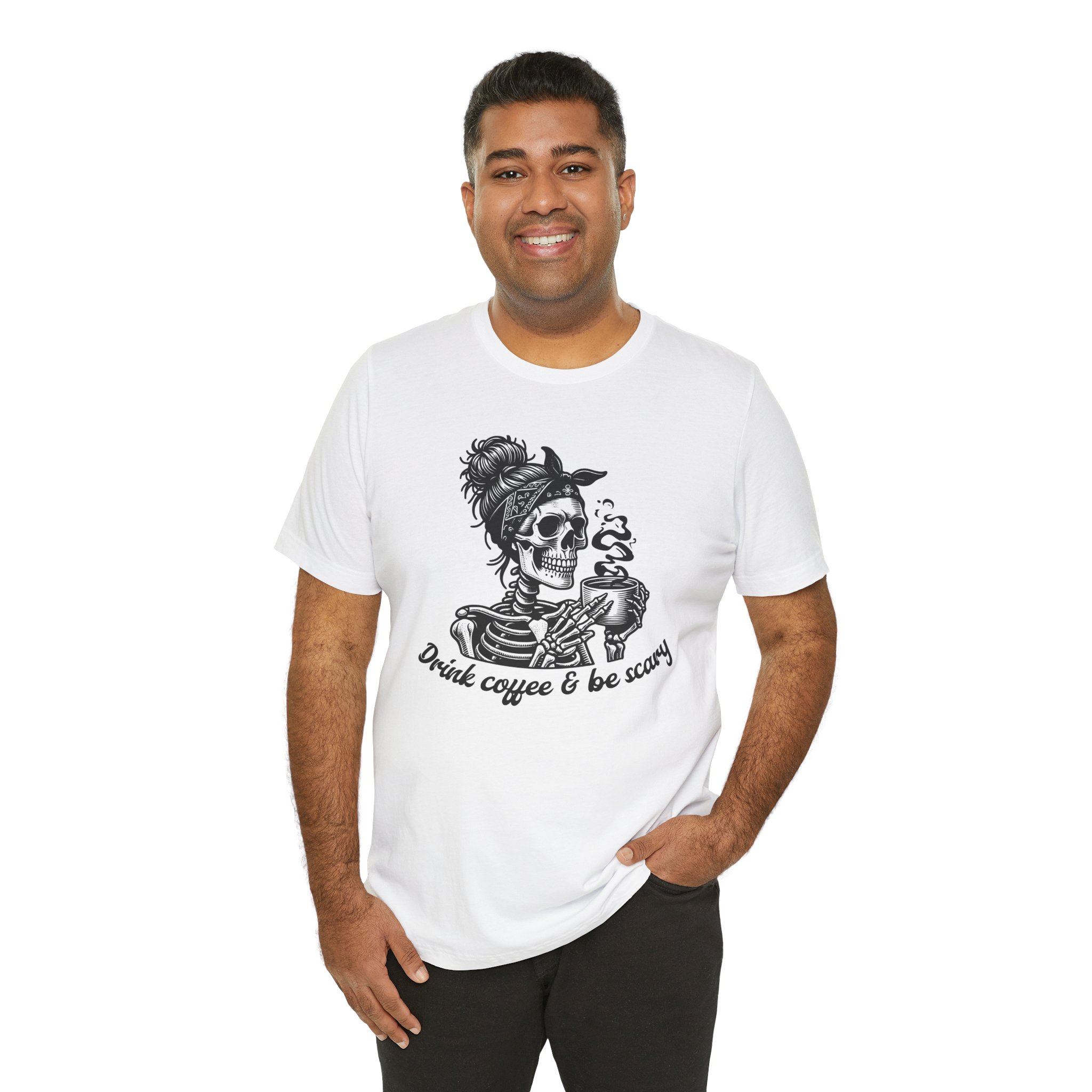 Drink Coffee And Be Scary T Shirt Skeleton Woman Coffee Graphic Tee Funny Halloween Coffee Lover Shirt Spooky Season Gift Skull Tee - Image 2
