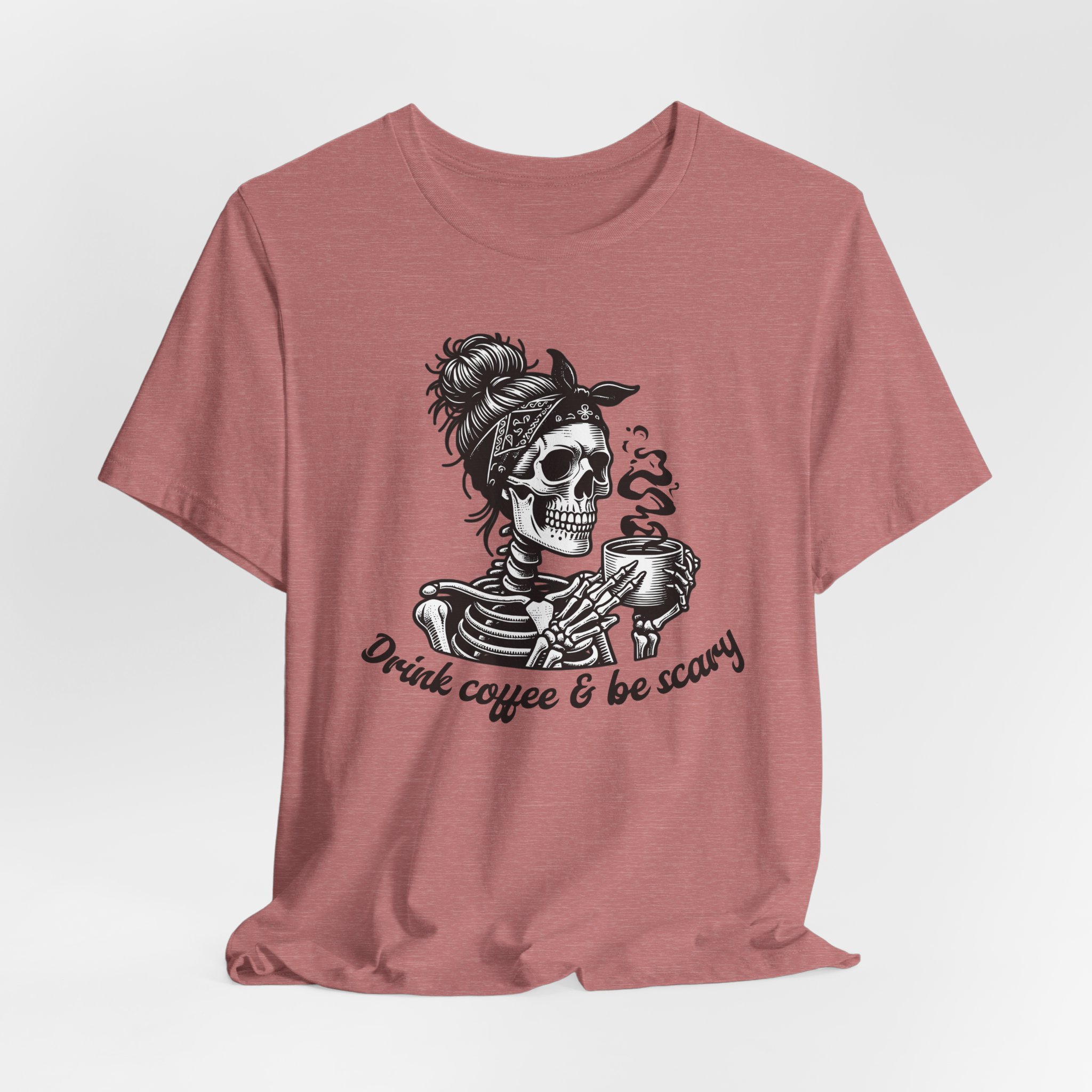 Drink Coffee And Be Scary T Shirt Skeleton Woman Coffee Graphic Tee Funny Halloween Coffee Lover Shirt Spooky Season Gift Skull Tee - Image 11